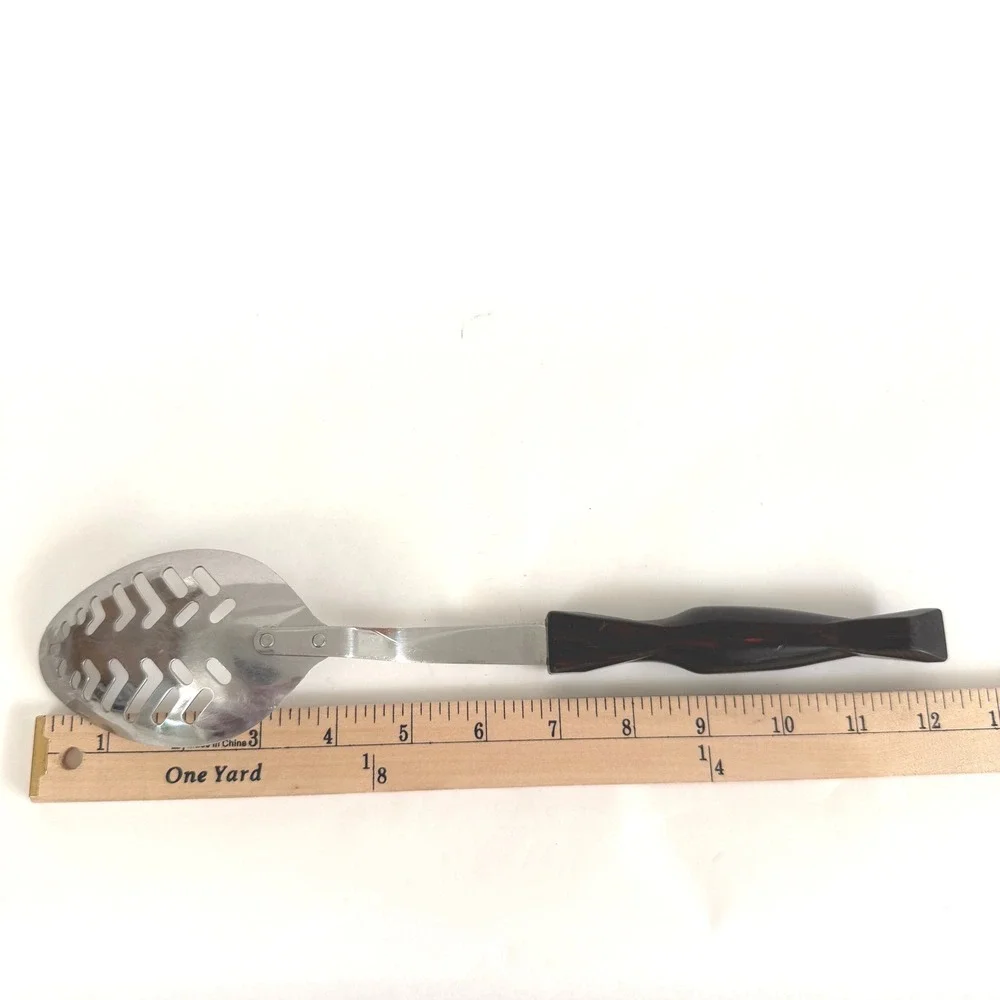 Vintage CUTCO Slotted Serving Spoon Marbled Black Red Handle USA 12.5